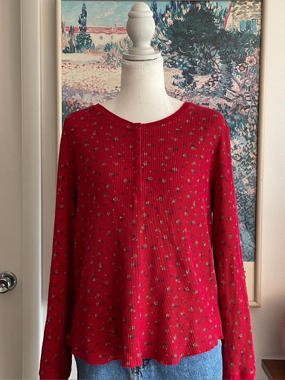 Lauren Ralph Lauren Red Floral Waffle Knit Henley Top M Thermal Cottagecore 90s
